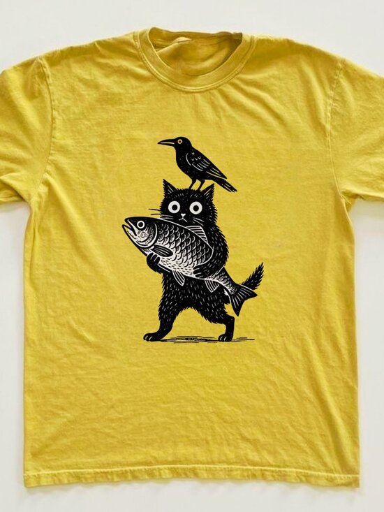 Tops - Cat Holding Fish Graphic Tee